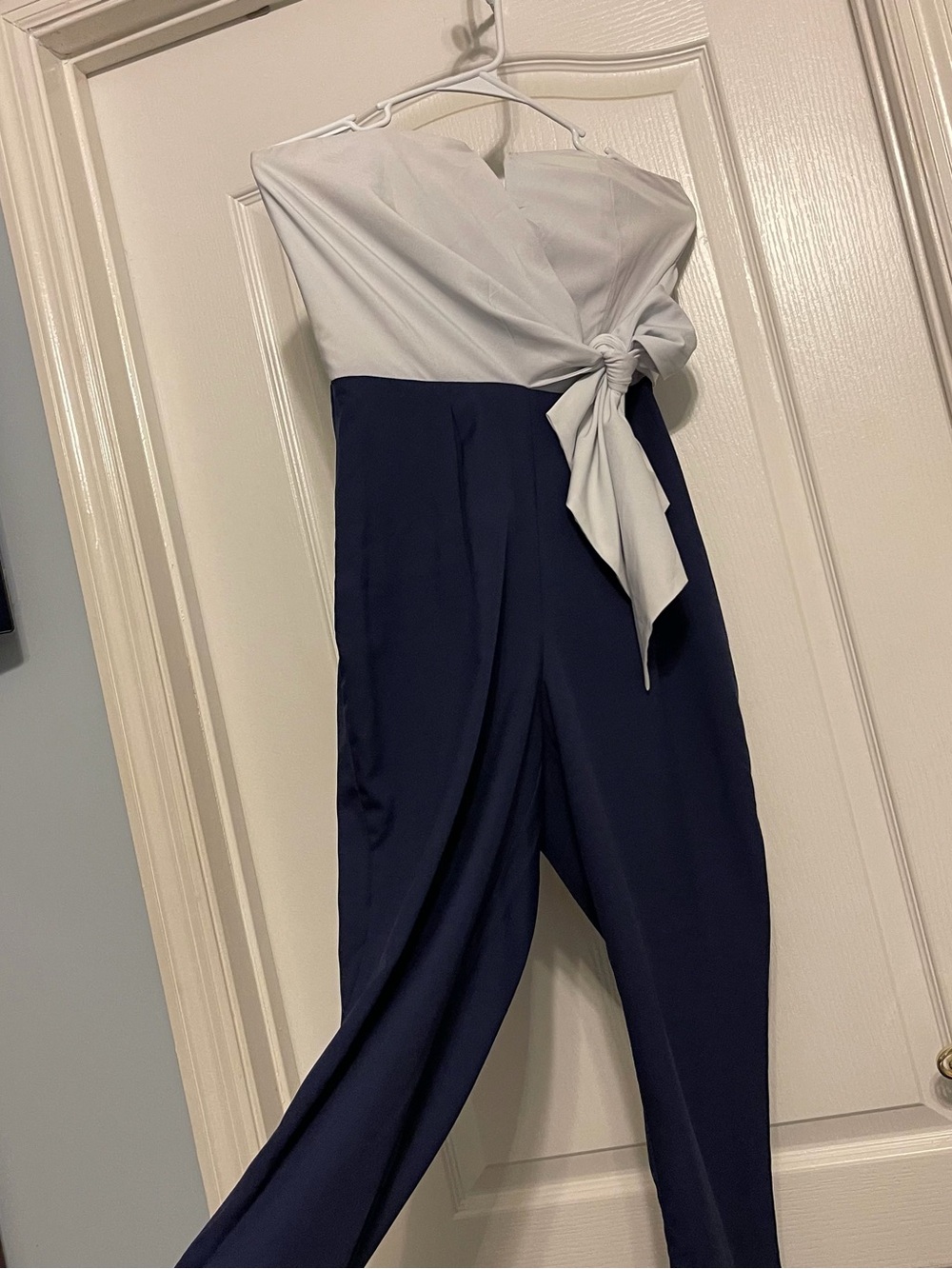miami Strapless Knot-Front Jumpsuit in White & Navy